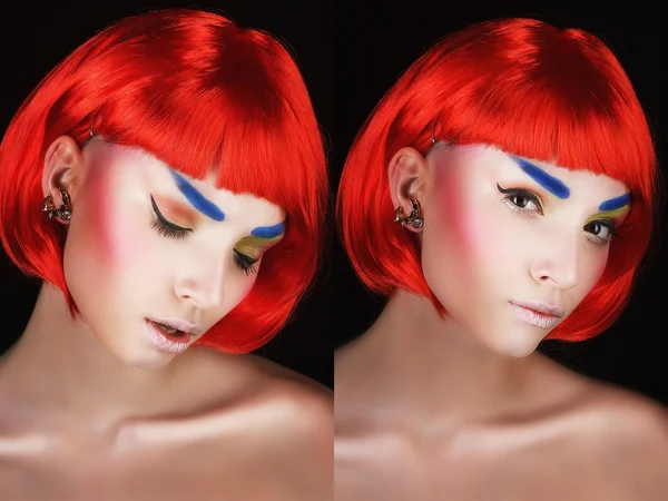 Maquillaje brillante, pelo rojo, retrato de niña —  Fotos de Stock