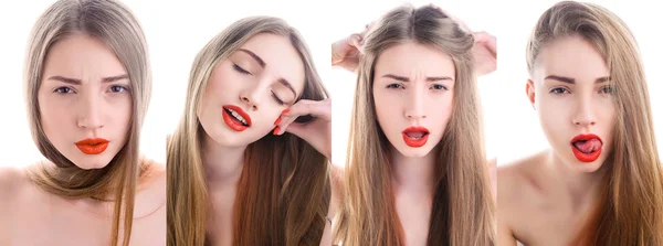 赤い口紅を持つ魅力的な若い女性の肖像画 — ストック写真