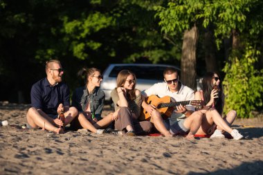 Group of  friends relaxing on sand at beach with guitar clipart