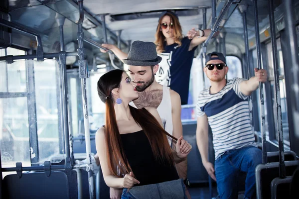 Youth party. fun  company. bright people in the bus, style — Stock Photo, Image