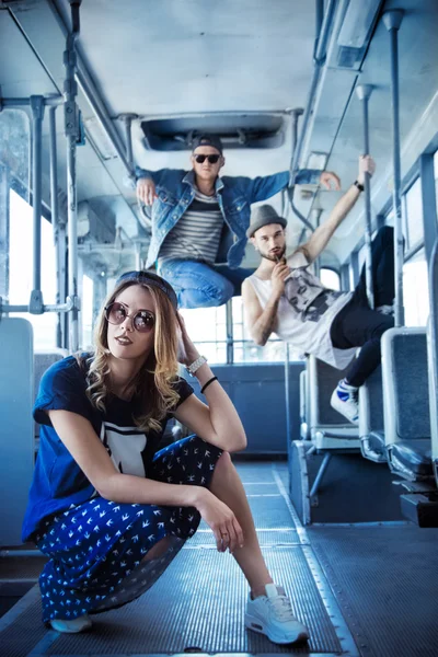 Youth party. fun  company. bright people in the bus, style — Stock Photo, Image
