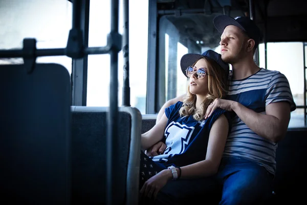 Stylish couple  love in the transport, retro style — Stock Photo, Image