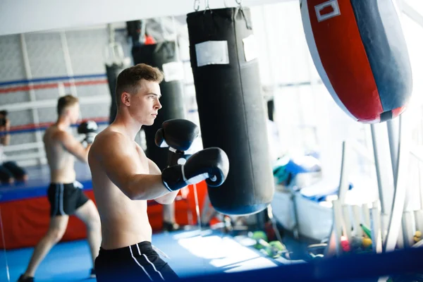 Luvas de boxer de ação em atitude de treinamento — Fotografia de Stock