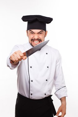 üniforma ve şapka ile büyük bıçak el hareketi yakışıklı aşçı