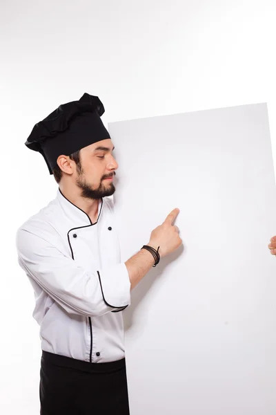 Cuoco su sfondo bianco con si affida spazio per la scrittura — Foto Stock