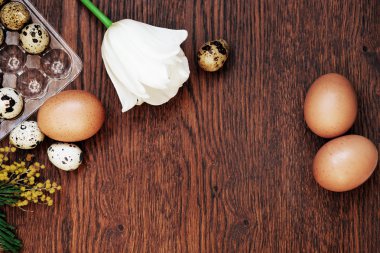 Kaz yumurtası, tavuk yumurta ve ahşap arka plan üzerinde bir Bıldırcın yumurta.