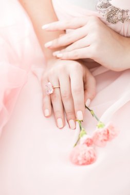 Pembe karanfil çiçek pembe bir arka plan üzerinde bir kız elinde.