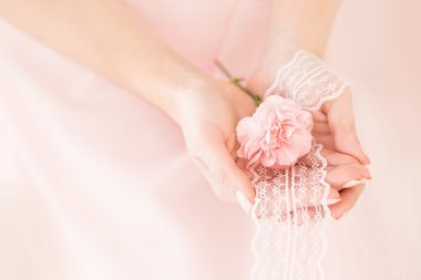 Pembe karanfil çiçek pembe bir arka plan üzerinde bir kız elinde.