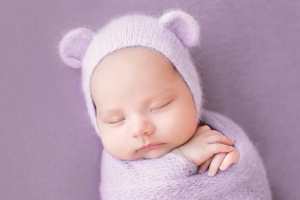 Newborn Baby Girl Gray Background Hat Ears Sweet Newborn Baby — Stock Photo, Image