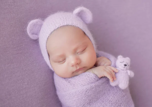 Newborn Baby Girl Gray Background Hat Ears Sweet Newborn Baby — Stock Photo, Image