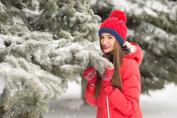Όμορφο χειμερινό πορτρέτο της νεαρής γυναίκας στο χειμερινό χιονισμένο τοπίο. — Φωτογραφία Αρχείου
