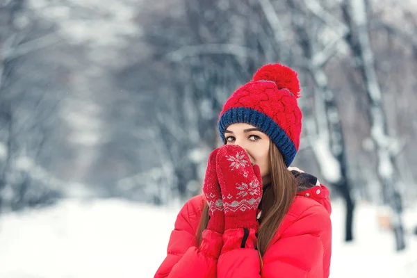 Hermoso retrato de invierno de mujer joven en el paisaje nevado de invierno. Hermosa chica con ropa de invierno. Retrato de invierno de mujer joven. Chica de belleza en el fondo de invierno . — Foto de Stock