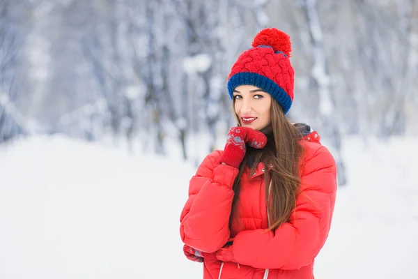 美丽的冬天冬天下雪的景色的年轻女子的画像。在冬天的衣服的漂亮女孩。年轻女子冬季肖像。冬天背景的美丽女孩. — 图库照片
