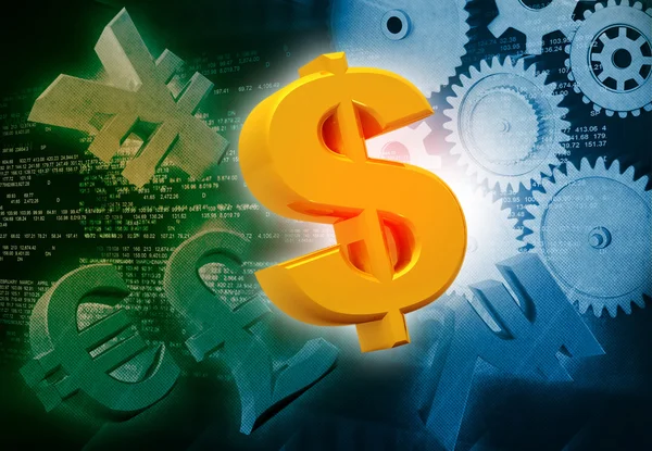 International currencies and gears — Stock Photo, Image