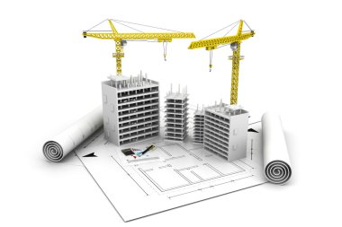 3D yapı taşı inşaat ve planları üzerine vinç