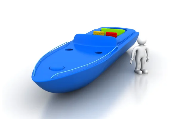 3D man med moderna båt — Stockfoto