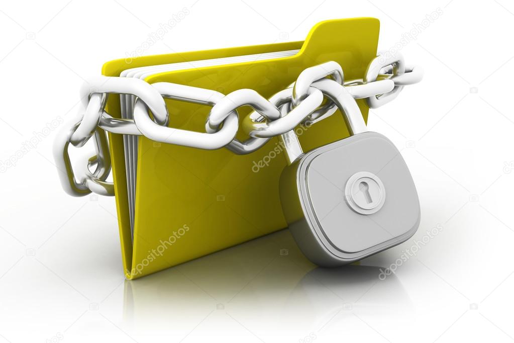 Folder locked by chains isolated over white.