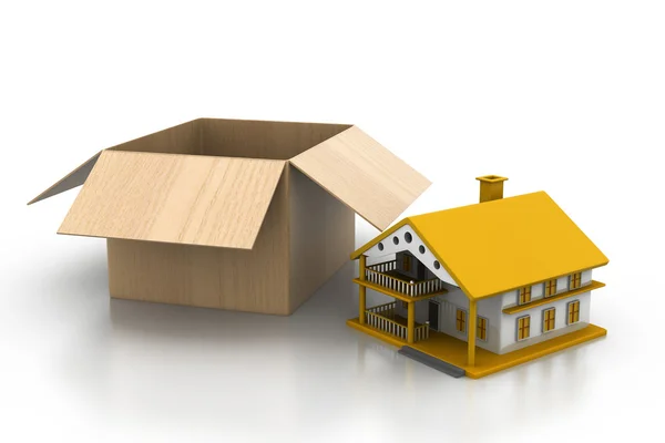 Casa con caja de cartón — Foto de Stock
