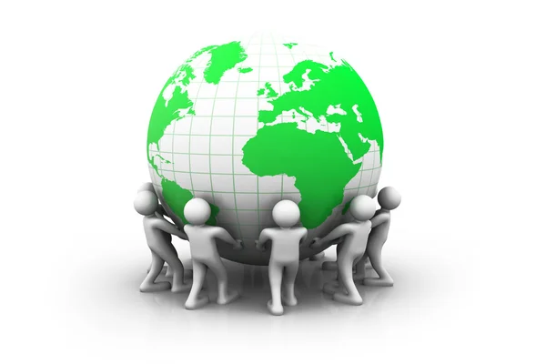 3d pessoas com mundo verde globo — Fotografia de Stock
