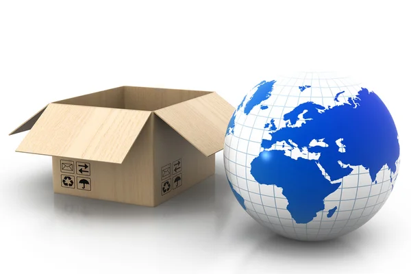 Caja de cartón abierta con globo de tierra — Foto de Stock