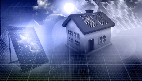3d gjengivelse av et hus med solcellepaneler – stockfoto