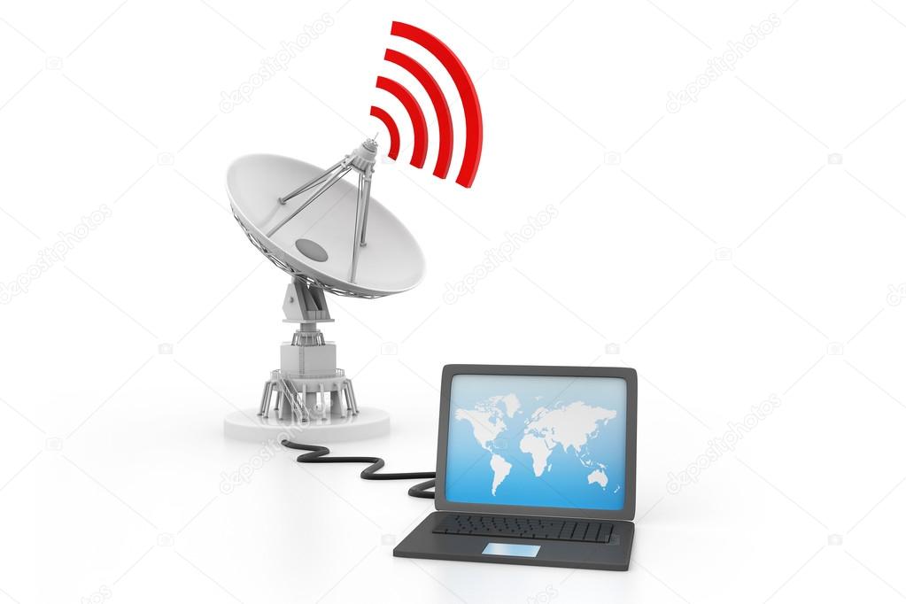 Laptop connected to satellite dish