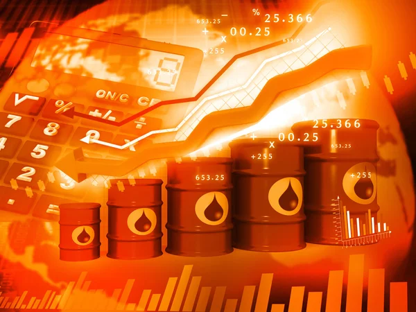 Barris de petróleo com gráfico de preço do petróleo em queda — Fotografia de Stock