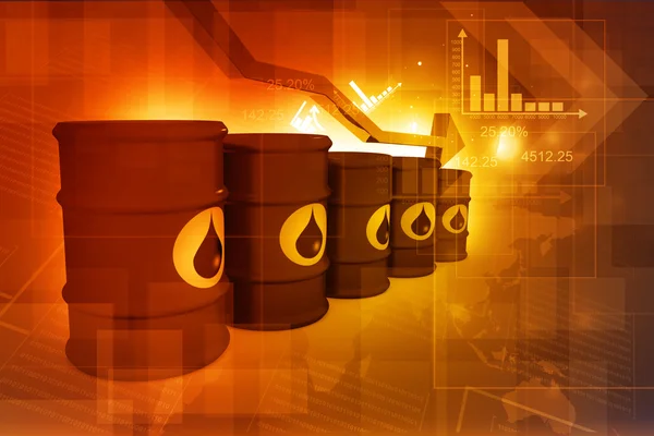 Barriles de petróleo con gráfico de precio del petróleo cayendo — Foto de Stock