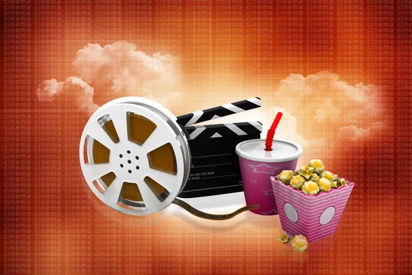 Slate, movie reel, popcorn and cup of cola — Stock Photo, Image