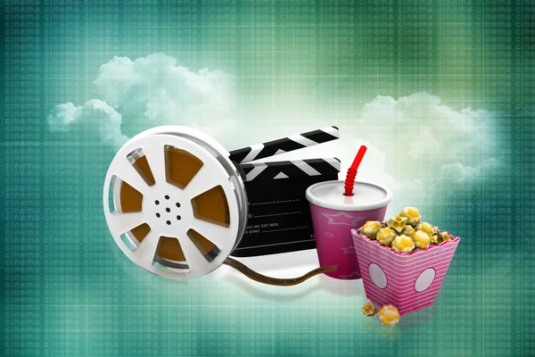 Slate, movie reel, popcorn and cup of cola — Stock Photo, Image