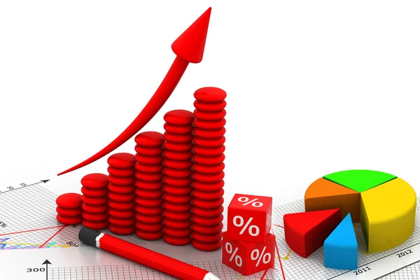 Cubo rojo por ciento con gráfico de flecha de negocio —  Fotos de Stock