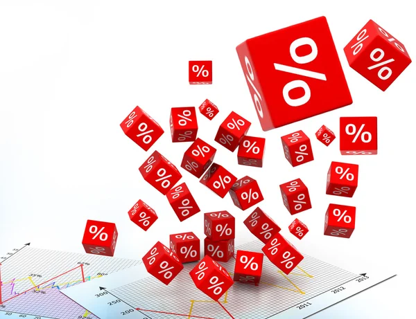 Rode cube procent met zakelijke pijl grafiek — Stockfoto