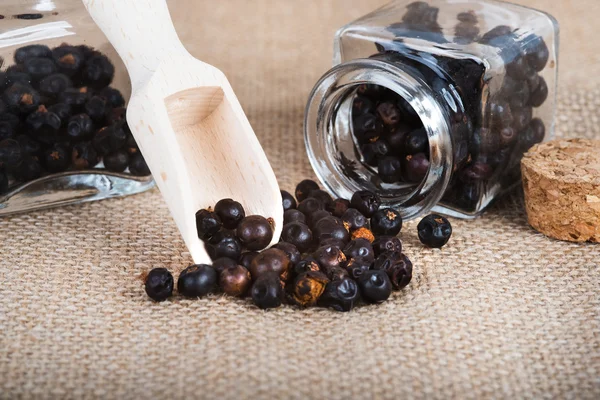 tahta kaşık ile kurutulmuş ardıç meyveleri