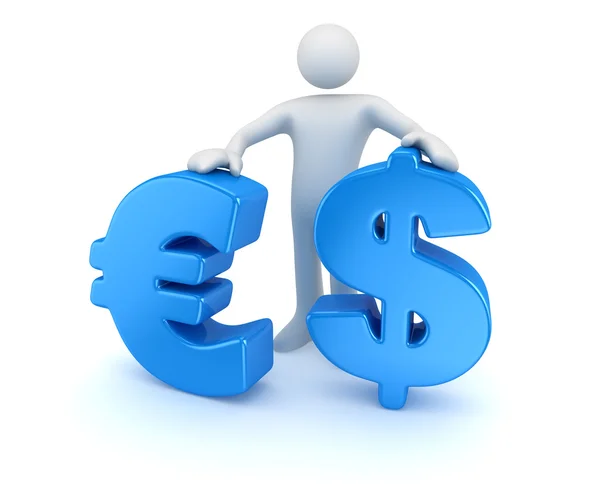 Man met de dollar en euro symbool — Stockfoto