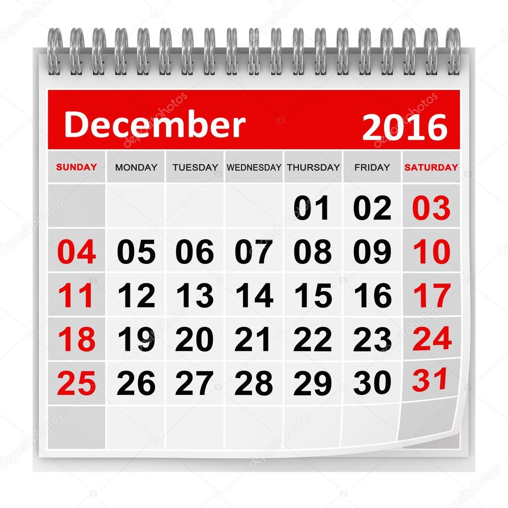 Calendario - Diciembre 2016 — Foto de stock © adempercem #83733646, image size:1024x1024