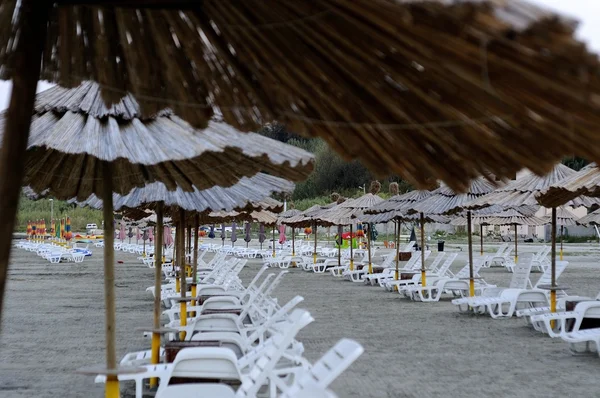 Chaises longues vides et parasols en bambou — Photo