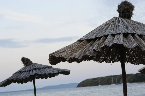 Chaises longues vides et parasols en bambou — Photo