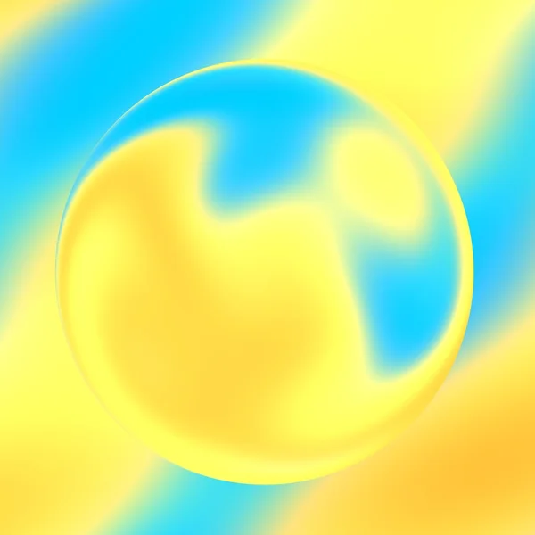 Transparent Drop Of Water On Turquoise Blue Yellow Soft Background - Soapy Bubble Image - Abstract For Design Artworks - Glass Ball With Distortion Effect - Bijouterie - Illuminated Bright Lens Close- — ストック写真