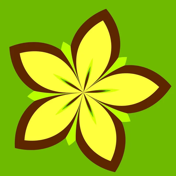 Fondo floral abstracto - Amarillo concéntrico Daisy Flower Plant aislado en color verde - Diseño de forma de pétalo - Fruta estrella - Loto floreciente - Ilustración delineada de flor de primavera - Gra simétrico — Foto de Stock