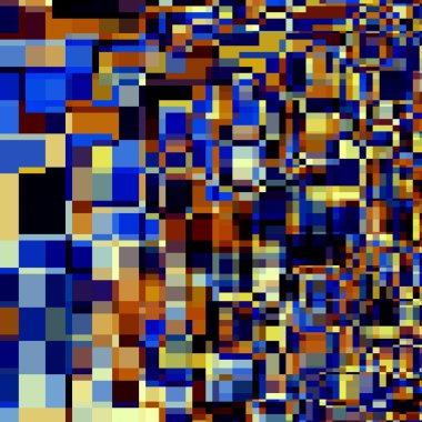 Abstract Artsy Overlapping Squares. Blue Orange Black White Colored Geometric Background. Artistic Mosaic Pattern. Creative Decorative Graphic. Digital Art Illustration. Many Ornamental Tiles. Image.