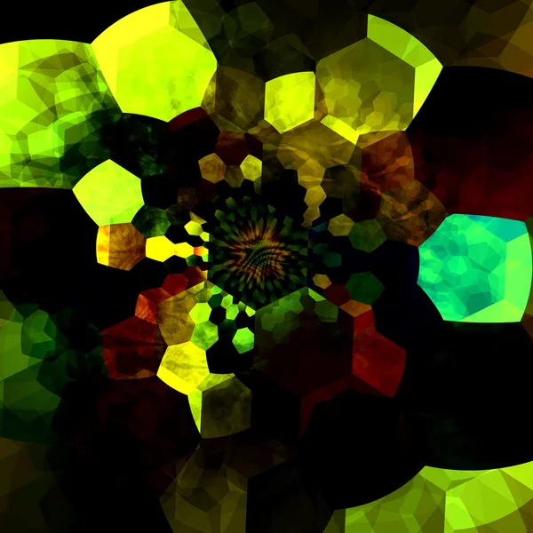 Abstract Mysterious Mosaic Illustration. Fondo de fantasía creativa. Colores verdes negros. Patrón geométrico. Fractal digital. Surrealista Arte Poligonal. Muchas piezas caóticas y psicodélicas . — Foto de Stock