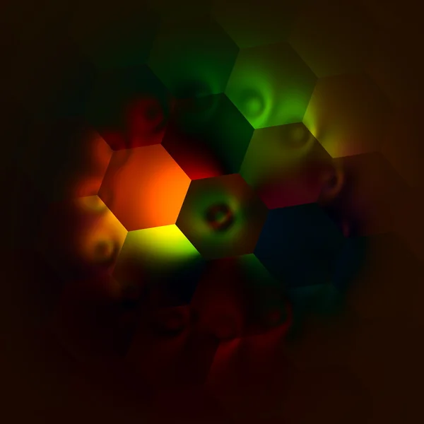 Hexagones artísticos raros con retroiluminación colorida. Ilustración colorida abstracta. Hermoso fondo de luz. Mosaico decorativo oscuro. Imagen creativa de arte multicolor. Arte moderno. Colores verdes rojos . — Foto de Stock