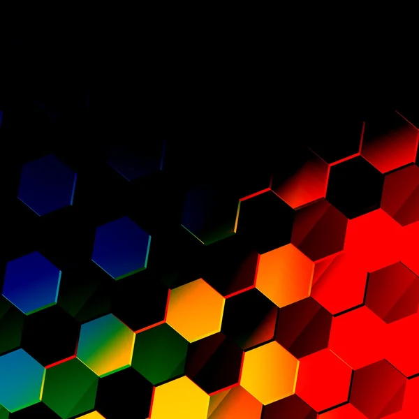 Dark Colorful Hexagonal Background. Unique Abstract Hexagon Pattern. Flat Modern Illustration. Vibrant Texture Design. Black Style. Digital Art. Technology Wallpaper Concept. Red Blue Yellow Colors. — Zdjęcie stockowe