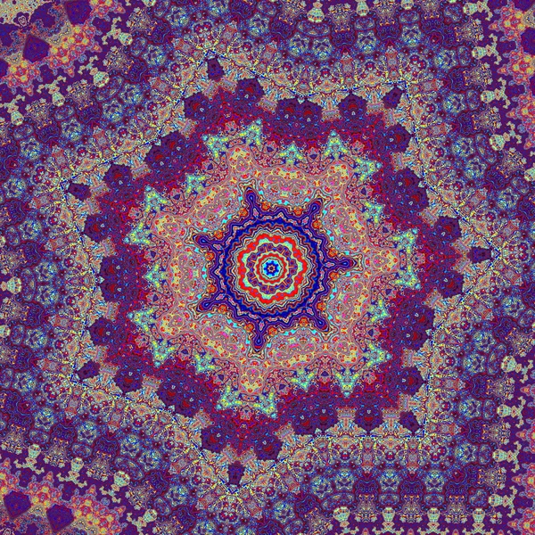 Kaleidoscopic art illustration. Artsy psychedelic pattern design. Image concept. Detail picture. Abstract shapes. Round ornament with blue, purple and red colours. Designer computer graphic. — Stock Photo, Image