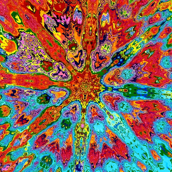 Colorful psychedelic structure. Old dye effect. Bad scrap mess. Dried dirt mix. Red petal. Fun art concept. Pretty cool lsd form. Rusty worn idea. Damage from age. Multi tone shape. Wet backdrop. — Stock Photo, Image