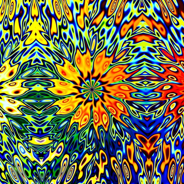 Kleurrijke psychedelische bloem illustratie. Grote chaos. Gesmolten blots pic. De vorm van de gekke droom. Multi kleur. Petal bloei. Surrealistische levendige vorm. Cool groovy trance. Bizarre buitenaardse bloesem. Verschillende rommelig blots. — Stockfoto