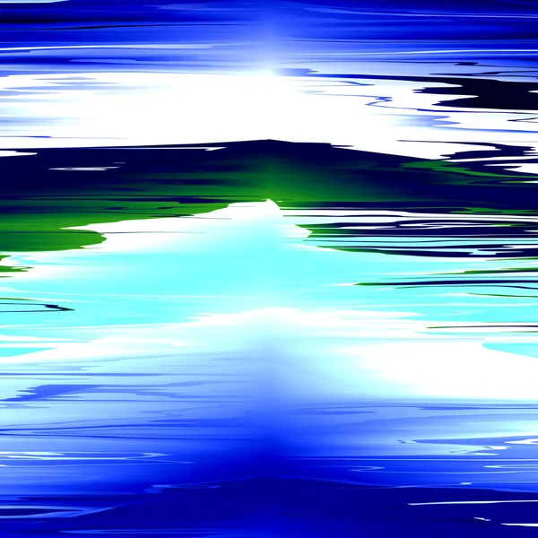 Sky over ocean and island. Blue waves. Wet season. Shiny summer day. Fresh cold clear water. White line effect. High energy shine. Sea water surface. Digital art. Dynamic full frame image. Flow. — Stock Photo, Image