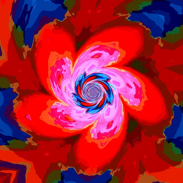 Rosso blu sfondo fiore psichedelico. Idee assurde e incasinate. Crescita selvaggia. Deco vortici. Scarico della vernice. Effetto flusso vortice. Un buco nel caos surreale. Forma dinamica vivida. Giro di foto che scompare. Movimento delle curve. Forma . — Foto Stock