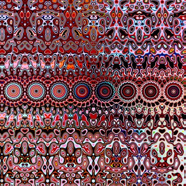 Psychedelic repetetive şekiller bordo renkte. Grungy kırmızı lekesi. Birçok renkli şekiller. Modern şık bir dekor. Alışılmadık garip öğeler. Dağınık üslup leke desen. Özel gerçek dışı kavramı. Sanat.