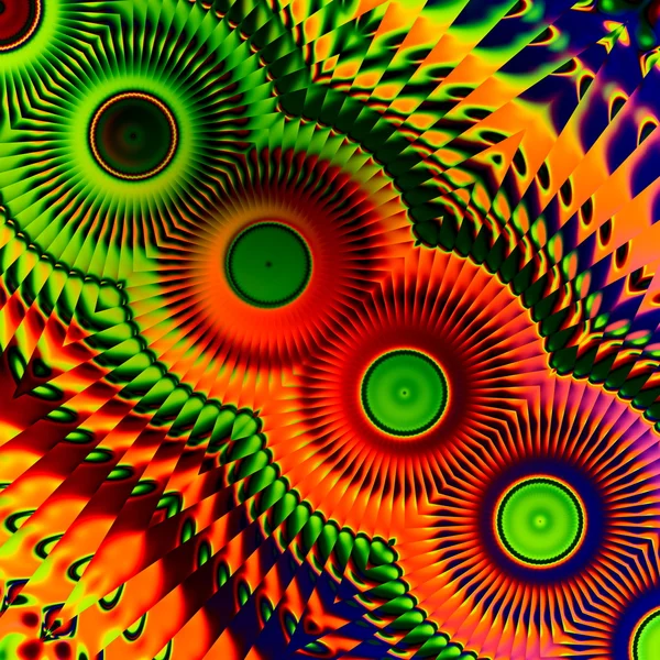 Kleurrijke abstracte kunst illustratie. Gek afbeelding ontwerp. Ronde vorm patroon. Artistieke virtuele pic. Felle oranje, rode en groene kleur. Moderne stijl kunstenaarschap. Trippy symmetrie-effect. Vreemd en idee. — Stockfoto